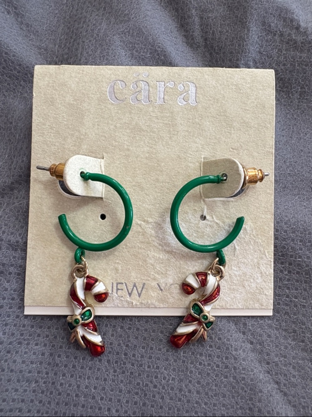 Cara Green Hoop Earrings with Candy Cane Charms Christmas Holiday NEW